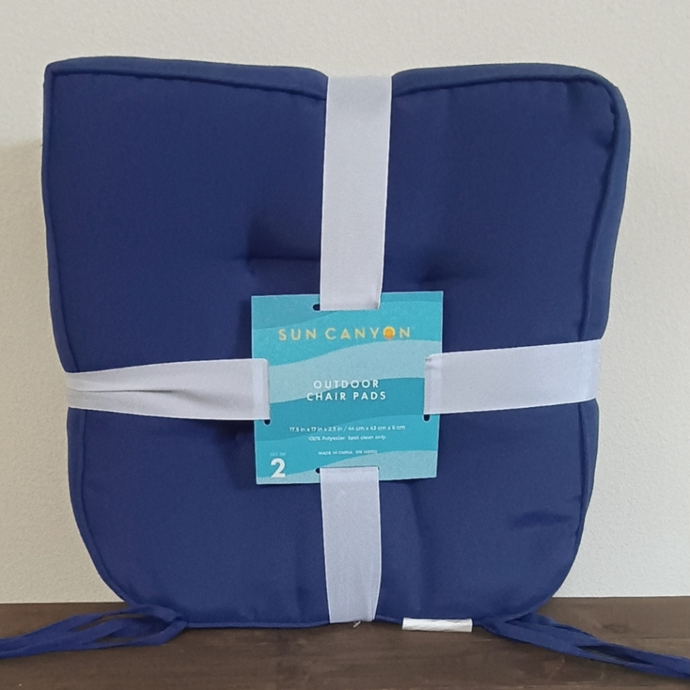 NEW Set of 2 Outdoor Patio Chair Pad Cushions Spring Bright Navy Blue Tufted